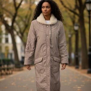 Women's White Stag Taupe Puffer Coat with Cream Faux Shearling Collar